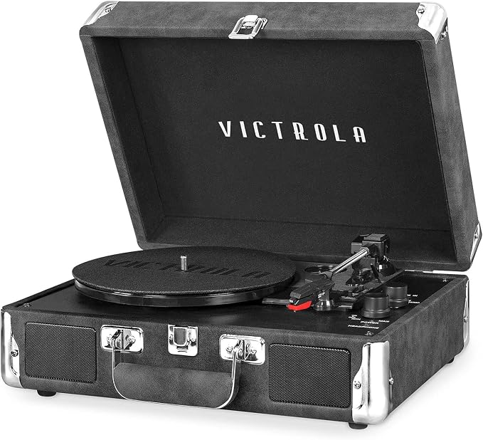Victrola Journey Bluetooth Portable Suitcase Record Player – with Built-in Speakers, 3 Speed Vinyl Record Player, RCA Out, Headphone Jack (Gray)