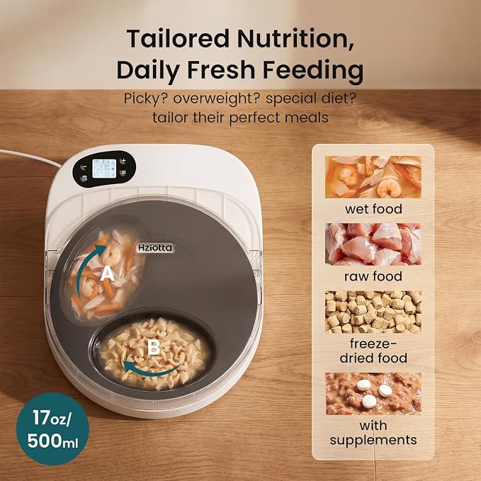 Semiconductor Cooling Refrigerated Automatic Cat Feeder Wet Food | No Ice Packs 48H Fresh Keeping, Removable Dual-Section Tray, Meal Timer for Portion Control, Work Schedules & Weekend Travel