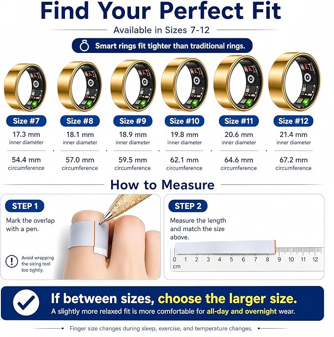 Smart Ring Health & Fitness Tracker for Men & Women, Heart Rate, SPO₂, Sleep & Activity Monitoring, IP68 Waterproof, Long Battery Life, Family Care Mode, No Subscription Fee (Gold, 12)