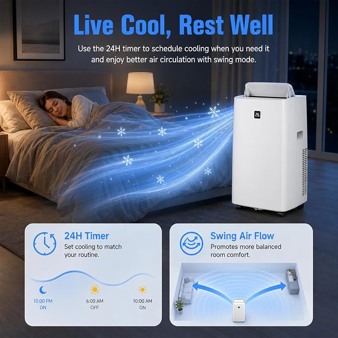 14000 BTU Portable Air Conditioners, 4-in-1 Cooling, Dehumidifier, Fan and Sleep - Quiet Operation, Remote, 24H Timer & Window Kit - Cools Rooms up to 750 Sq.Ft - Perfect for Bedroom