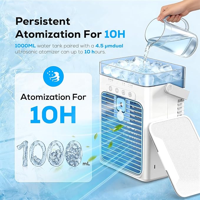 Portable Air Conditioner, 3-in-1 Evaporative Air Cooler with 3 Speeds & 2 Mist Modes, 1000ml Personal Mini AC Unit, USB Powered Small Cooler with RGB Light & Timer for Bedroom Office Desk Car