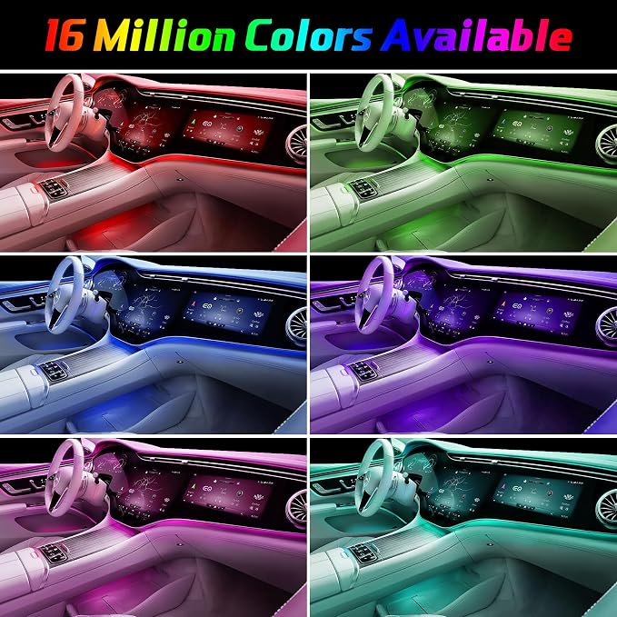Upgraded 6-in-1 Car Ambient Lighting Kit, 315-inch Pre-Threaded Fiber Optic, APP & Remote Control, 16 Million Colors, Music Sync, High Brightness LED Interior Lights for Cars, Trucks, SUV