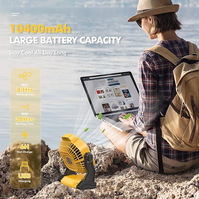 JINLICTE Portable Camping Fan, Rechargeable Battery Powered Tent Fans for Camp Hanging, [8-36Hrs Runtime], 9 Inch, Stepless Speed, Powerful&Quiet, for Picnic, Barbecue, Fishing, Travel, Home, Tent