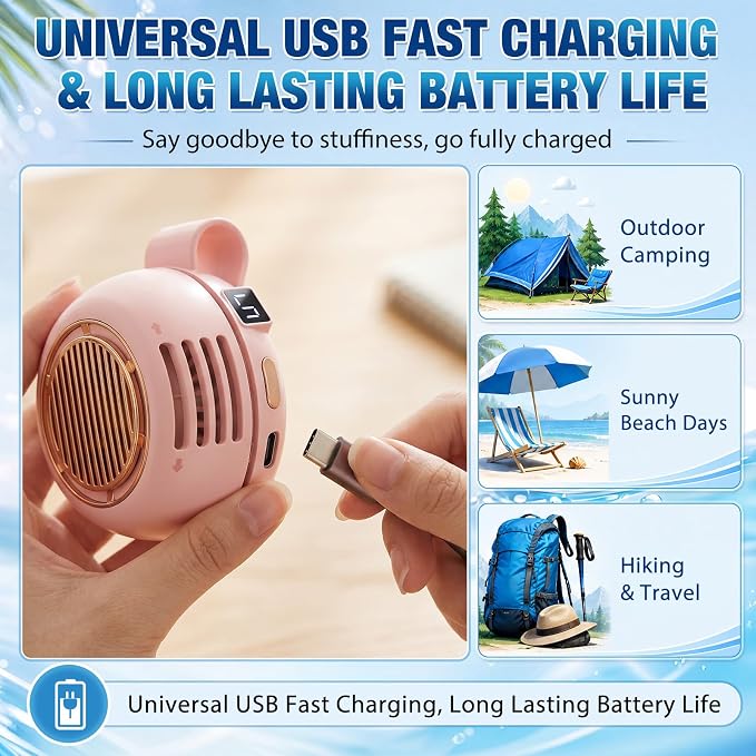 2 Pack Portable Silent Mini Bladeless Fan Clip on 5 Adjustable Speeds Digital Display 360 Rotatable USB Rechargeable Electric Small Fan for Shirt Waist Outdoor Travel(Pink)