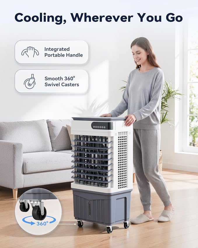 Evaporative Cooler, Swamp Cooler Air Conditioner 9.5 Gal Water Tank | 2500 CFM, 120° Oscillation, 3 Speeds&Modes,12H Timer, Remote&Touch,4 Ice Packs, for Garage, Large Room, Dry Climate