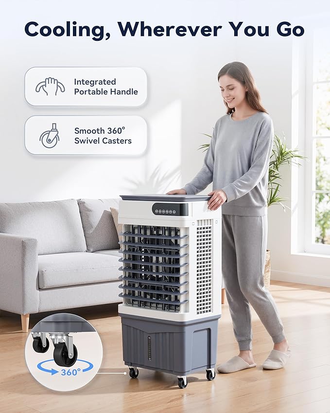 Swamp Cooler Air Conditioners, 1800 CFM Large Water Tank for 24/7 Cooling, 4-IN-1 Portable Evaporative Cooler with LED Display, Remote, 3 Speeds and 12HTimer, Cooling Fan for Large Rooms, 5.4 Gal