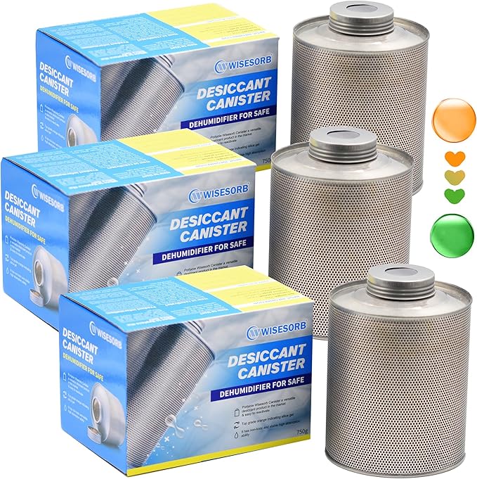 Wisesorb 750 Grams 3 Pack Gun Safe Dehumidifier, Reusable Canister Desiccant Dehumidifier, Rechargeable 1.65 Lbs Indicating Silica Gel Orange To Green, Pack of 3