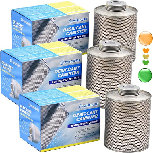 Wisesorb 750 Grams 3 Pack Gun Safe Dehumidifier, Reusable Canister Desiccant Dehumidifier, Rechargeable 1.65 Lbs Indicating Silica Gel Orange To Green, Pack of 3