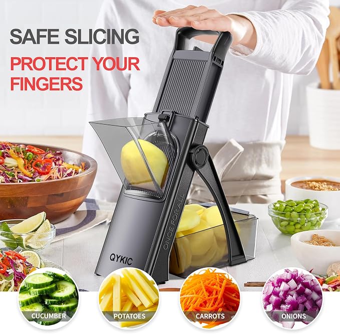 QYKIC Upgrade Safe Mandoline Slicer for Kitchen, Vegetable Chopper Slicer, Potato Slicer Thickness Adjuster, Veggie Onion Dicer for Quick Meal Prep