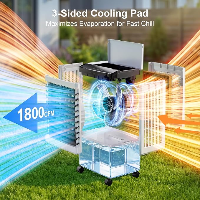 Uthfy 1800 CFM Swamp Cooler, 31" Evaporative Air Cooler with 5.3 Gal Detachable Water Tank, 120° Oscillation, 3 Speeds, Remote, 12H Timer, Portable AC for Bedroom Office Patio