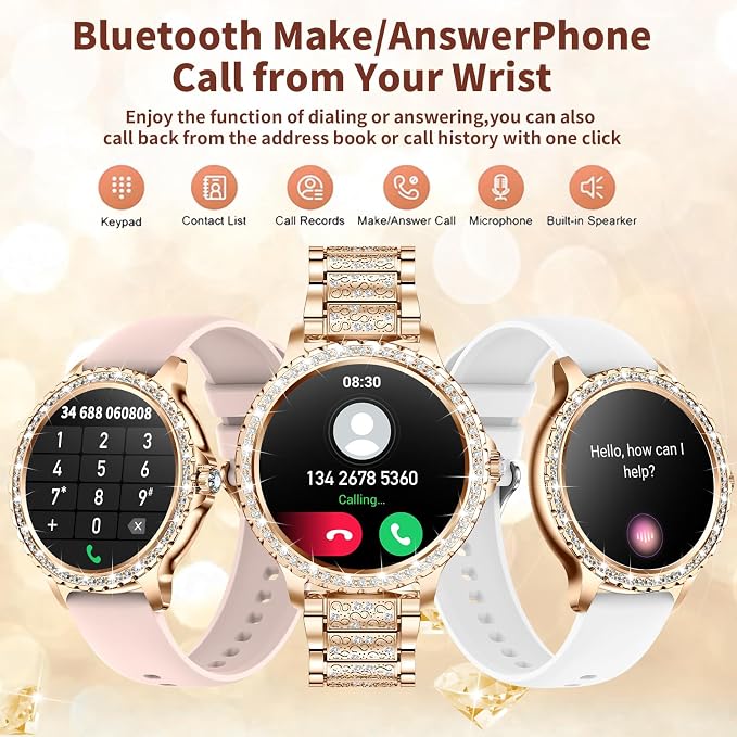 Smart Watches for Women(Make/Answer Call) with Diamond:1.32" Fitness Tracker Watch for HR/Blood Pressure/SpO2/Sleep Monitor,Digital Running Watches for Women Android/iOS,3 Strips