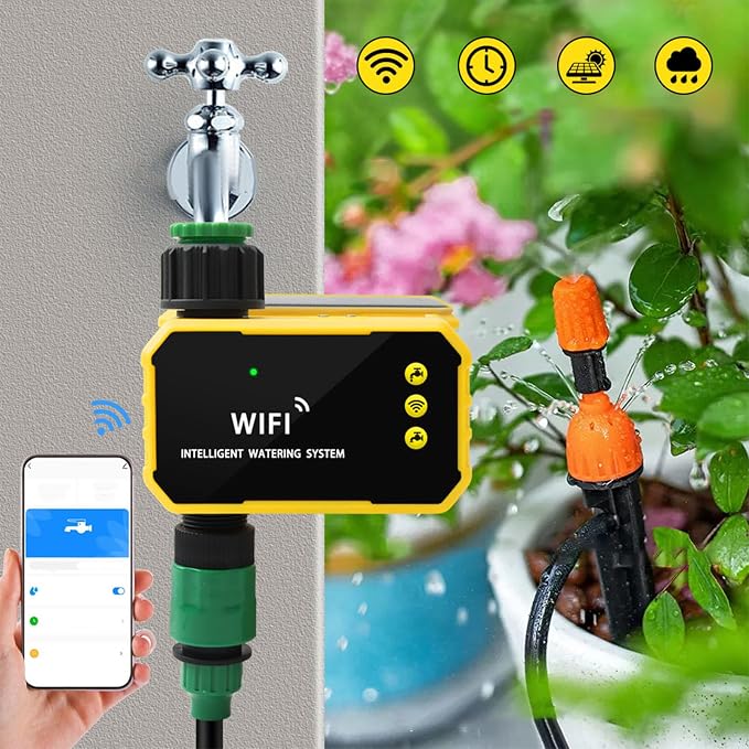 ciciglow Sprinkler Timer, Solar Single Way Valve Water Timer with Rain Delay, Automatic Watering System Digital Irrigation for Garden Courtyard