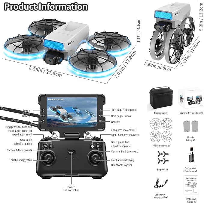 HD Camera Drone with Foldable Remote Controller Featuring Built-in Display and Detachable Lanyard, Portable Foldable Body Weighing Under 250g, Propeller Guards, RC Quadcopter with 360-Degree Flip, One-Key Takeoff/Landing, Ideal Gift for Beginners and A...