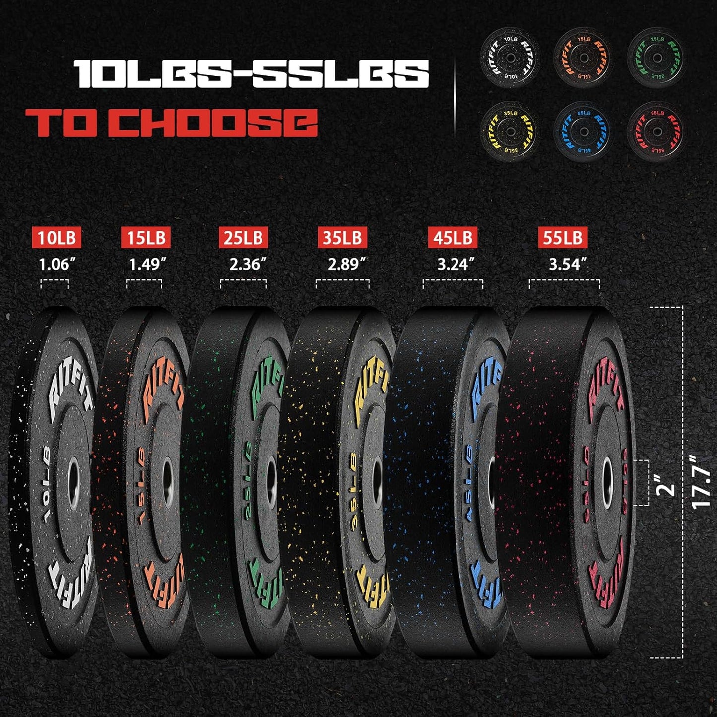 RitFit Bumper Plates, Colored Fleck-Rubber Weight Plates with Steel Insert, 2-inch Olympic Weight Plates for Weight Lifting and Strength Training, 170LB set