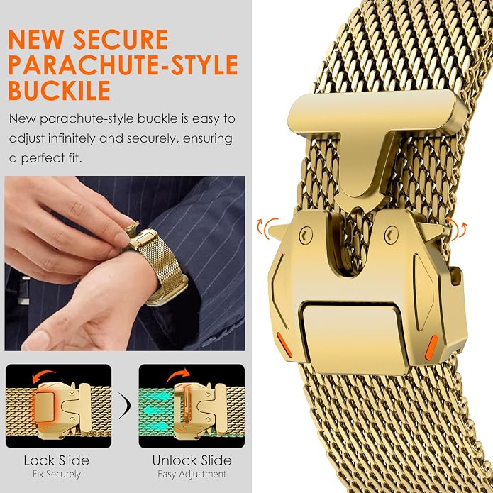 WINGLE Milanese Loop for Apple Watch Band Ultra 3/2/1 Band Ultra 49mm Series 11 10 46mm 45mm 44mm SE 3/2/1 Series 9 8 7 6 5 4 3 Men Women,Parachute-Style Buckle Stainless Steel Mesh Metal iWatch Bands