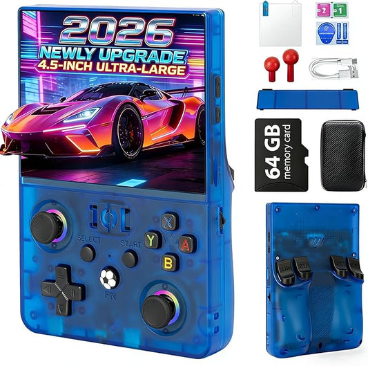 2026 NEW Upgrade R36MAX Ⅱ Retro Handheld Game Console - 4.5 Inch Ultra-Large Screen, Support 18000+Classic Games, 64G TF Card, Linux System, 4000mAh Battery, Birthday Gift for Adult - Blue