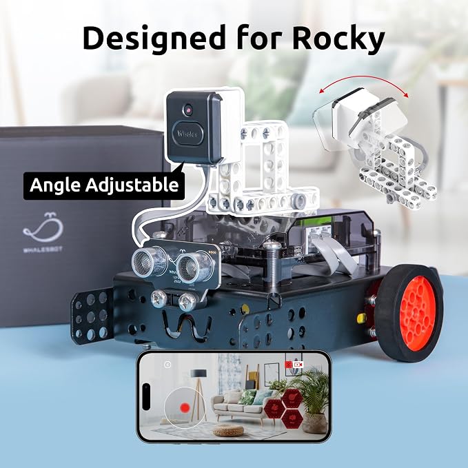 WhalesBot Rocky Smart Robot Car Bundle: STEM Coding & Engineering Kit with FPV Camera Accessory, Real-Time Video, Supports Scratch/Python/C, Remote Control Educational Toy for Kids 8-16