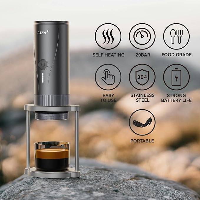 CERA+ PCM04A Portable Espresso Maker with 51mm Professional Coffee Basket, Self-Heating Travel Electric Espresso Machine for Ground Coffee, Camping, Hiking & Office (Not Compatible with NS Capsules)