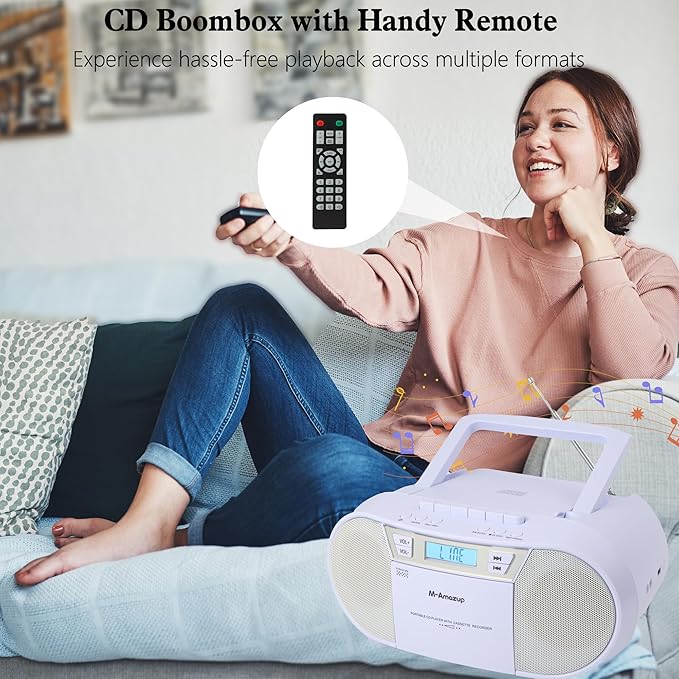Boombox CD Player Portable, Cassette Player Combo with CD MP3 Bluetooth AUX TF USB FM Radio AC/DC Powered, Boom Box with Remote Control, Headphone Jack, Stereo Sound for Home,Kids,Gift