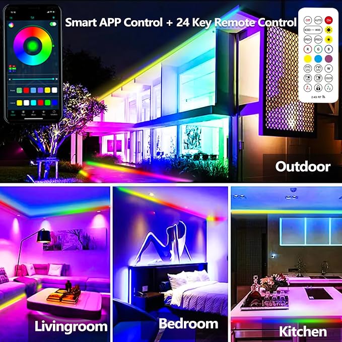 50FT Outdoor LED Strip Light Waterproof,IP68 Outside RGB+IC Light Strip with App/Remote Control,Chase Mode,Music Sync Light for Balcony,Deck,Rooftop,Garden,Pool
