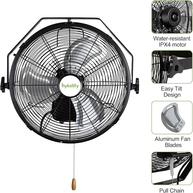 hykolity 3000 CFM 14 in. Outdoor Wall Mount Fan, 3-Speed Industrial Grade High Velocity Outdoor Fans, Black Waterproof Wall Fan for Patio, Garage, Commercial, and Gazebo - ETL Listed