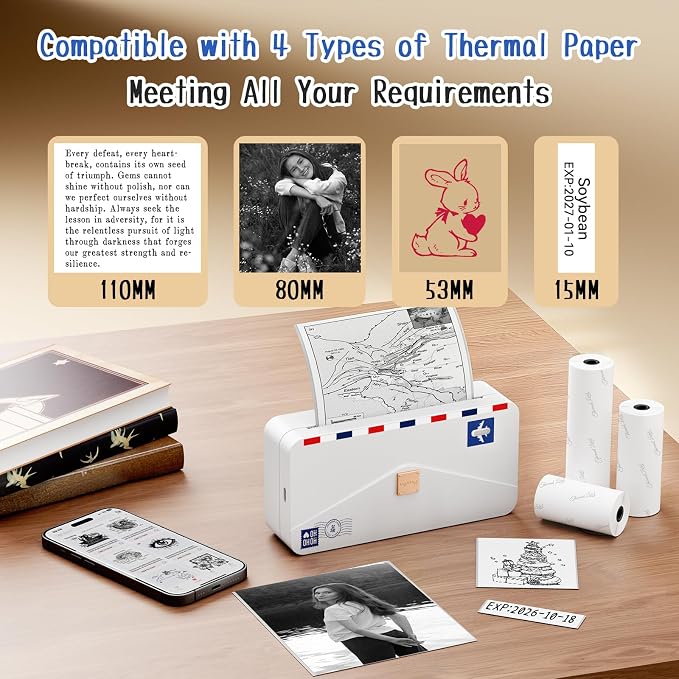 Phomemo Portable Thermal Printer M04AS AI Smart Printer 4 Inch Mini Sticker Printer, Support 15/53/80/110mm Printing Width, 300dpi, Suitable for Labels, Notes, Memo, Chritstmas Gift