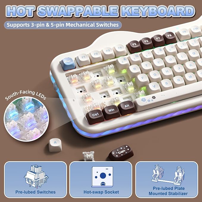 YUNZII C98 Wireless Mechanical Keyboard with Number Pad,98 Key BT5.0/2.4G/USB-C Hot Swap Gasket Mount with PBT MOA Keycaps,Custom RGB,Cute Cake Keyboard for Win/Mac (Choco, Milk V2 Linear Switch)
