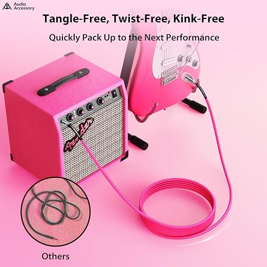 AA AUDIO ACCESSORY Guitar Cable 15 Feet, Nylon Braided Anti-Kinking Kevlar-Reinforced, 20AWG 99.99% OFC 1/4 Instrument Cable, Dual Shielded Amp Cord for Fender Electric Guitar, Neon Pink