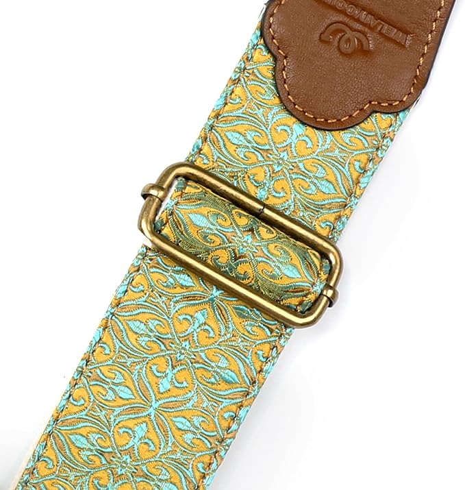 Guitar Strap, Electric& Acoustic Bass Guitar Straps,Embroidered Filament with Head Cowhide Leather Strap, with Free Strap Button,2 Guitar Strap Locks,4Guitar Pick (Yellow Flower)