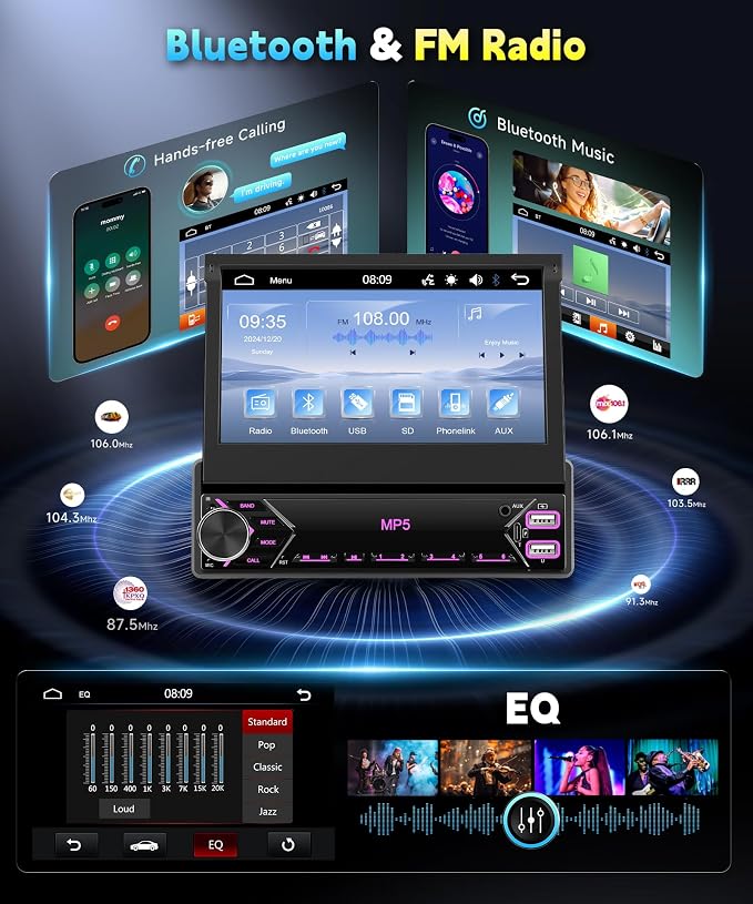 7 inch Single Din Flip Out IPS Touchscreen Car Stereo, 1 Din Car Stereo with Bluetooth Car Audio Receivers, Backup Camera, FM Radio/Mirror Link/USB/AUX/TF/Type-C Fast Charging