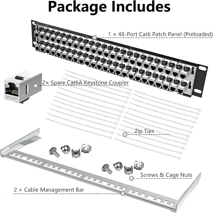 Jadaol [UL Listed] 48-Port Shielded Cat6A Patch Panel, 19” 2U Rackmount/Wall Mount Feed-Through RJ45 Panel with 48 Preloaded Shielded Keystone Couplers + 2 Spare, Up to 10Gbps, Cable Management Bar