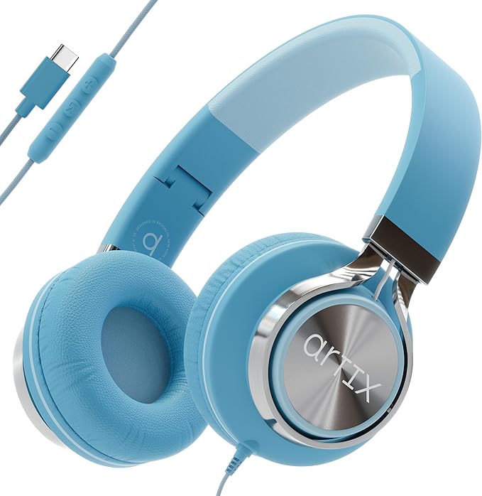 ARTIX USB C Headphones Wired for Kids & Adults with Mic & Volume Control, Type C Wired Headphones for iPhone 17, 16, 15, Samsung, Android - USBC Teens Corded Head Phones for Laptop, Computer, Tablet