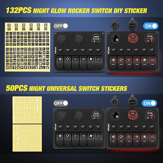 Nilight 6 Gang Rocker Switch Panel Waterproof Pre-Wired Aluminum Panels with PD Type C and USB Cigarette Lighter Socket Voltmeter 12V 24V ON Off Switches for Car Trucks Boats RVs Red