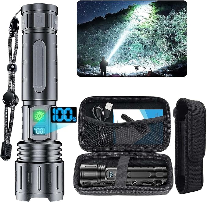 Hoxida Flashlights 2000 High Lumens Rechargeable - 1500 Meters Long Beam Super Bright LED Flash Light with Power Display & IPX5 Waterproof for Camping, 20H Runtime,5 Modes,Zoomable with Belt Holsters