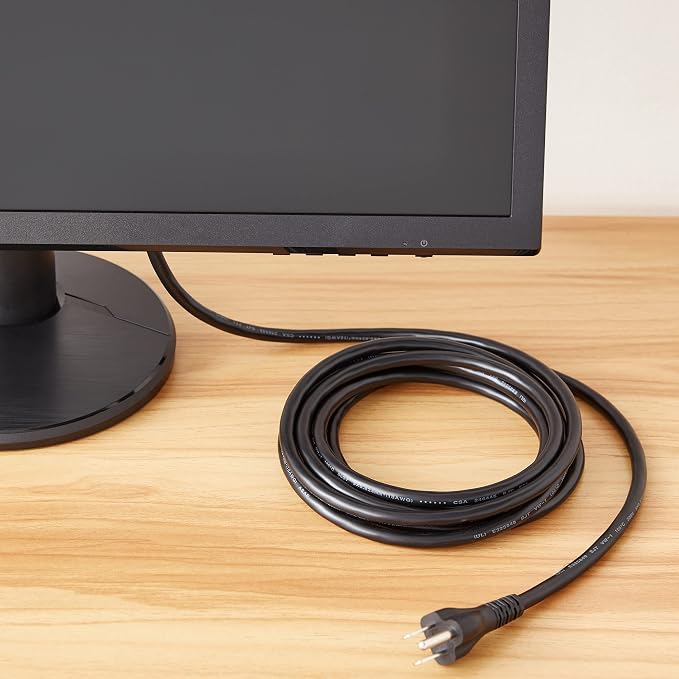 Amazon Basics PC Power Cord, 12 feet, Replacement AC Power Cord for Computer, Monitor, TV, Printer, 3 Prong, 18 AWG, 125 Volts, Black (Pack of 2)