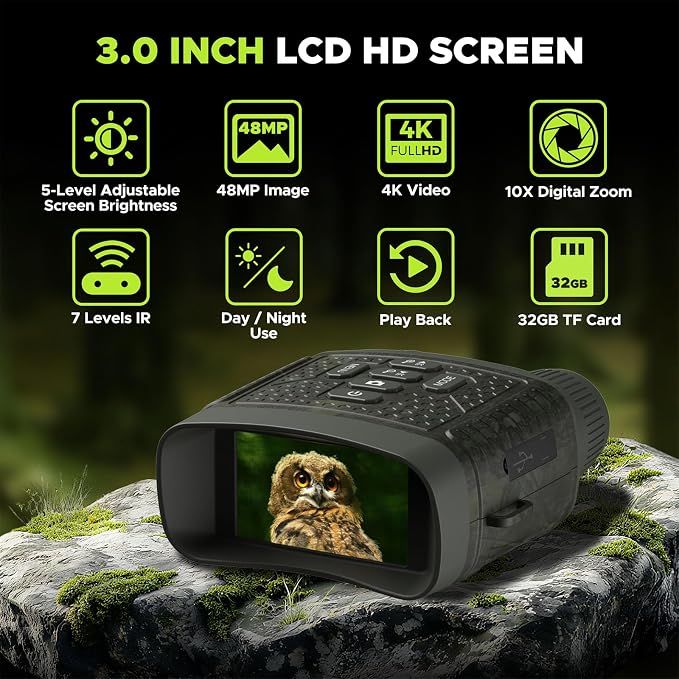 Night Vision Goggles, 4K Night Vision Binoculars, Infrared Digital Night Vision with 3'' HD Screen & 10X Digital Zoom, 5000mAh Battery and 32GB TF Card, Tech Gadgets Telescope for Camping