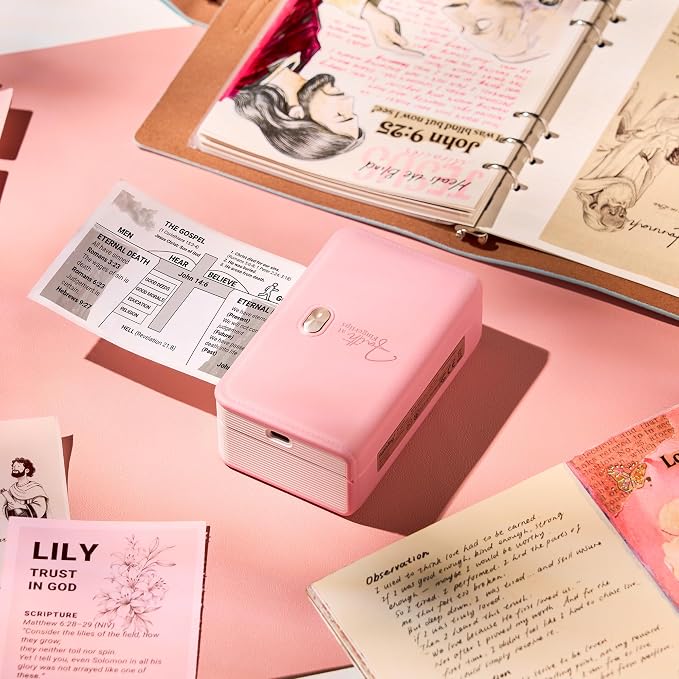 Pink Bible Sticker Mini Portable Printer FP31, Bible Study Journal Supplies, Bible Tab, for Women, Men, Kids, Christian, Compatible with 2" & 3" Thermal Paper, with 4 Rolls