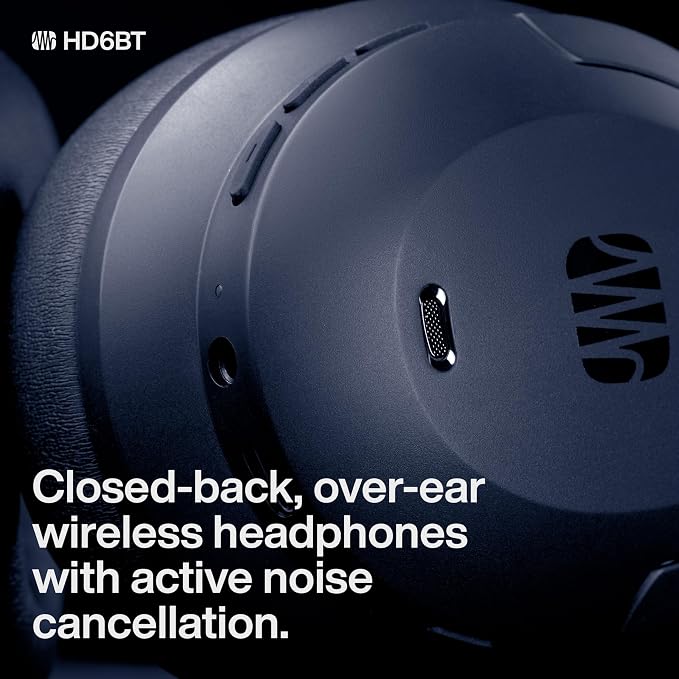 PreSonus Eris HD6BT — Over-Ear Closed-Back Wireless Headphones, Bluetooth, ANC Noise Cancelling, Up to 60 Hours Battery Life, Studio Headphones for Mixing, Monitoring, Recording, Midnight Blue
