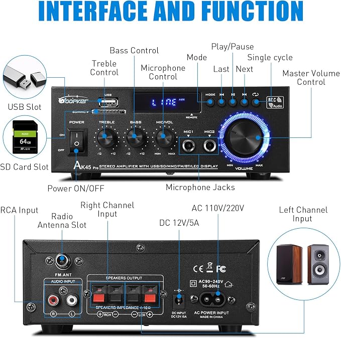 WOOPKER AK45 Pro Amplifier Home Audio Stereo Receivers with Bluetooth 5.0,Max 400W,2.0 Channel Stereo Amplifier System for Home Theater Speakers, Karaoke,Garage,Home Amp with USB,SD,RCA,2 MIC in