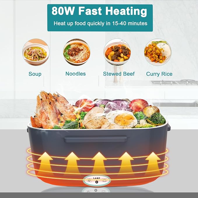 Electric Heated Lunch Boxes Adults: 80W Electric Lunch Box Food Heated 12/24/110V 1.5L Heatable Lunch Box for Car/Truck/Office Leak-Proof Stainless Steel Container, Fork & Spoon, Bag (Grey+Green)