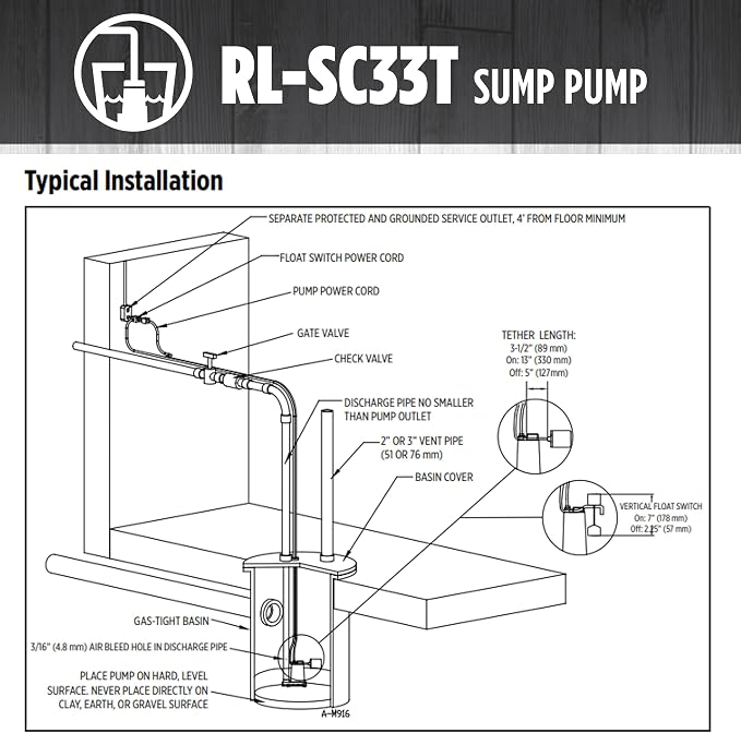 Red Lion RL-SC33T Submersible Water Pump, Heavy Duty Automatic Sump Pump with Tethered Float Switch, 1/3 HP, 3350 GPH, Cast Iron