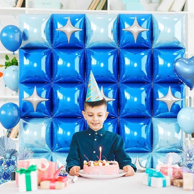 Electric Balloon Pump and 32PCS Blue Square Foil Balloon with Star Foil Balloon, 600W Dual Nozzle Air Pump & Metallic Light Blue Mixed Tunnel Arch Kit for Boy Birthday Baby Shower Graduation