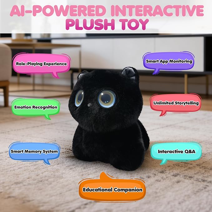 Contixo AI Pixie-Paw Smart Interactive Plush Cat – Voice-Responsive, Touch-Activated, Expressive Eyes, AI Companion Stuffed Animal for Kids & Pet Lovers, Black