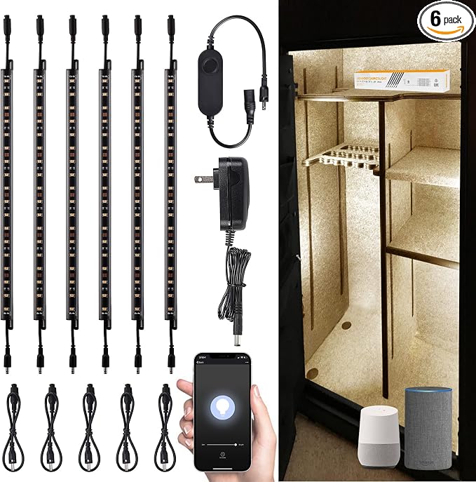 TORCHSTAR Voice Control Smart LED Safe Lighting Kit, (6) 12 Inch Dimmable Linkable Light Bars, Compatible with Alexa&Rocker Switch, 100-240V UL Power Adapter 900LM for Under Cabinet, 3000K Warm White