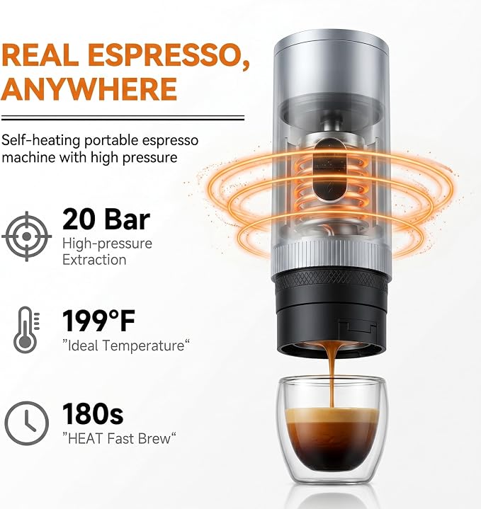 Portable Coffee Maker Electric Espresso Machine, 20 Bar Coffee Espresso Maker for Travel Self-Heating, Battery Powered with USB-C, 7800mAh, 2-IN-1 for Ground Coffee & NS Capsule, for Hiking, Office,RV