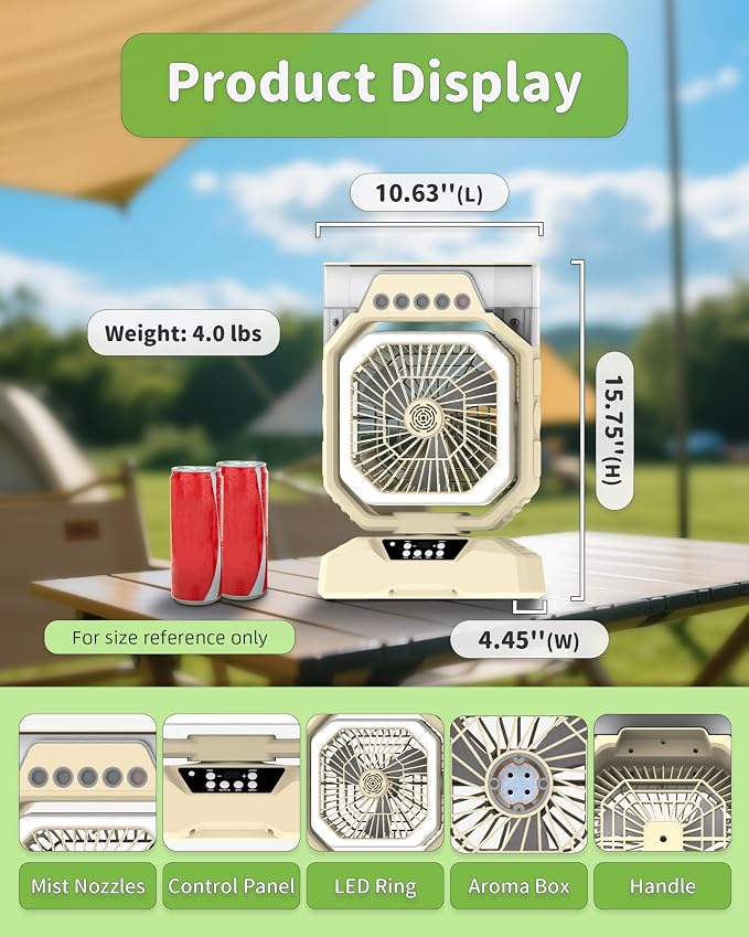 Weljoy Desk Fan 5 Sprayers Rechargeable Misting Fan for Camping & Home – 5 Speed Portable Cooling Fan with Mist 560ml Water Tank Aromatherapy Diffuser Timer 27000mAh Fast-Charging Battery(Off-White)