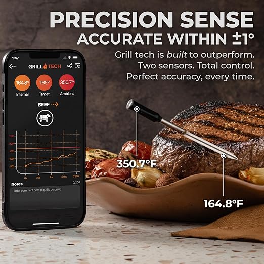 Grill Tech Smart Bluetooth Meat Thermometer Wireless Thermometer for Grilling and Smoking, Precision Accuracy, 950ft Range, USB-C Rechargeable Case, Grill Tech App for Grilling