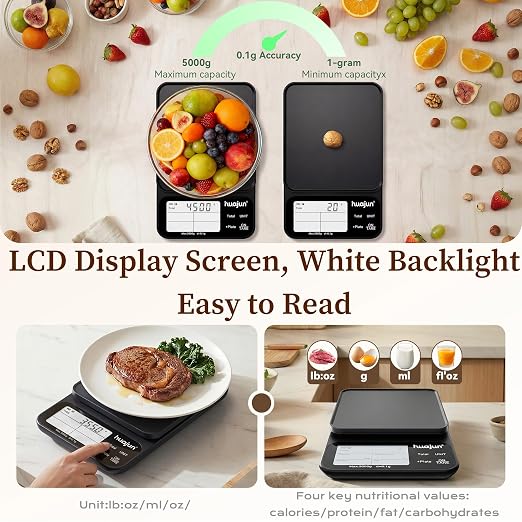 Smart Kitchen Food Scale with Nutritional Calculator, Free App & Bluetooth with 30 Nutrients, Calorie & Macro Tracking, Personalized Goals, Food Preload, Barcode Scan, Coffee Scale Mode, 11lb/5kg