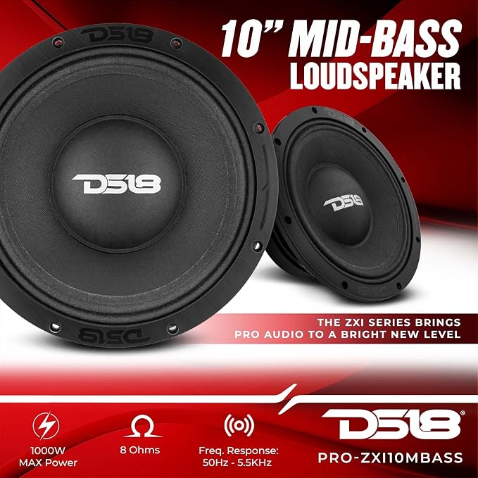 DS18 PRO-ZXI10MBASS 10" Pro Audio Mid Bass Loudspeaker 1000 Watts 8-Ohm - Premium Quality Audio Door Speakers for Car or Truck Stereo Sound System (1 Speaker)