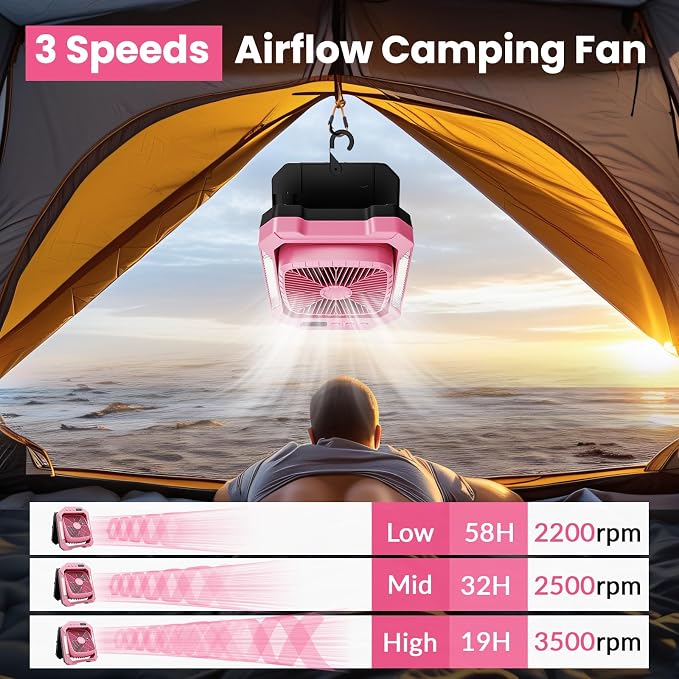 26800mAh Portable Fan Rechargeable with 18W Detachable Solar Panel, Quiet Battery Powered Camping Fan Cordless with LED Lantern,3 Speed,Timer,USB-C,for Bedroom Tent Home Office Desk Hurricane(Pink)